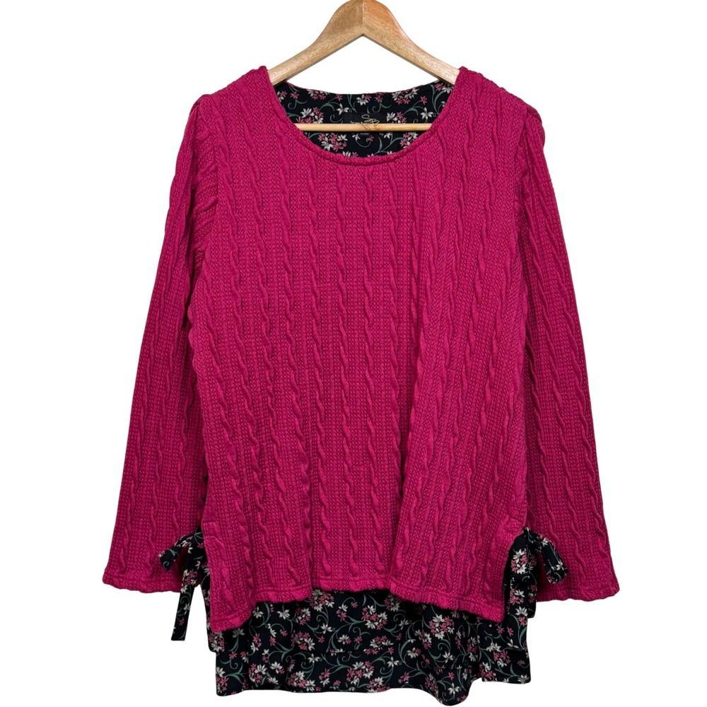 Suzanne Betro Pink Cable Knit Floral Overlay Tunic Top Womens‎ Large Cottagecore
